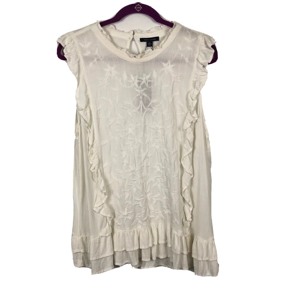 Tommy Hilfiger Womens White Embroidered Ruffle Sleeveless Blouse J7HA8041 XL New